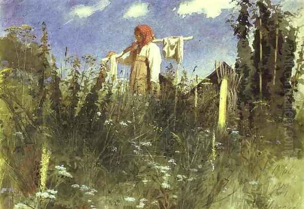 Girl With Washed Linen On The Yoke - view 1