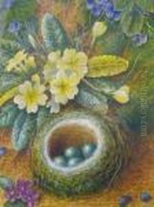 Still Life Study Of A Birds Nest With Eggs On A Bank With Flowers