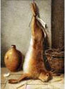 Still Life -a Dead Hare Hanging Near A Basket And Cider Jar by William Cruickshank