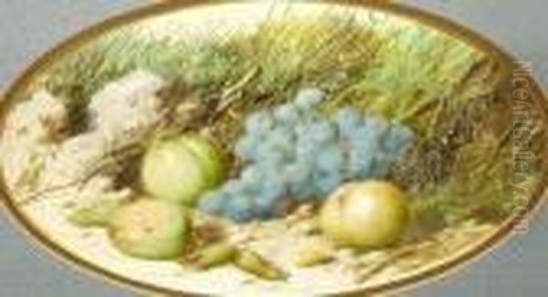 Still Life Of Grapes, And
Apples, Pears And Plums On A Sandy Bank;watercolours, A Pair, Both
Ovals, Both Signed, In Matching Frames,23.5x37cm., Ea - view 1