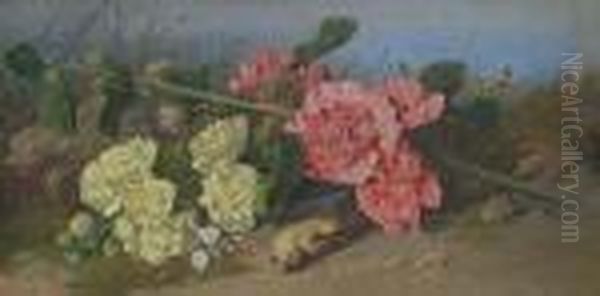 Still Life Of Flowers And A Fallen Goldfinch On A Mossy Bank. - view 1
