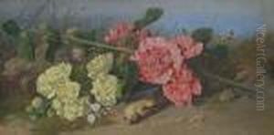 Still Life Of Flowers And A Fallen Goldfinch On A Mossy Bank. by William Cruickshank