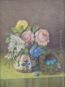 Still Life Of Convolvulus,
Magnolia, Meconopsis And A Birds-nest, With A Bee Gathering Pollen by William Cruickshank