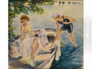 Zwei Badende Madchen Im Kahn Am Ufer Eines Sees by Edward Alfred Cucuel