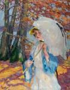 Dame Mit Sonnenschirm Im Herbstlaub Am Ammersee by Edward Alfred Cucuel
