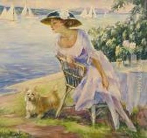 An Einem Seeufer Sitzende Dame Mit Ihrem Hund An Einem Seeufer Sitzende Dame Mit Ihrem Hund