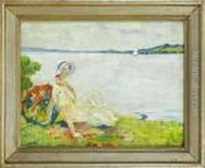 Madchen Mit Sonnenschirm Und Hut An Einem See Liegend. by Edward Alfred Cucuel