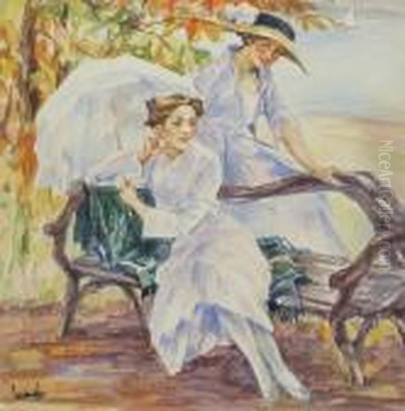Two Ladies On A Bench With An Umbrella - view 1