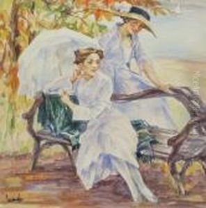 Two Ladies On A Bench With An Umbrella by Edward Alfred Cucuel