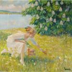 Blumenpfluckendes Madchen (picking Flowers) by Edward Alfred Cucuel