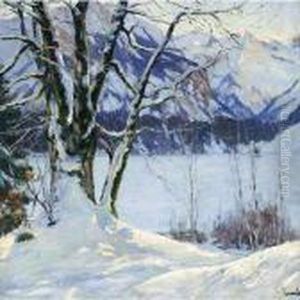 A Frozen Lake In A Mountainous Winter Landscape by Edward Alfred Cucuel