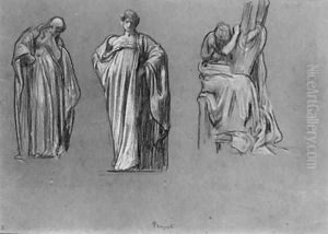 Studies of heavily draped female figures, one playing a lyre by Lord Frederick Leighton