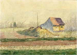A Canadian Landscape With A Farmhouse, A Village And Mountains Beyond by Maurice Galbraith Cullen