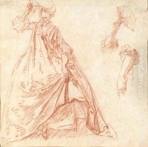 A lady holding a fan, with subsidiary studies of her arms by Nicolas Lancret