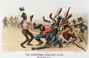 The Darktown Bowling Club, Watching For A Strike; Bowledout by Currier & Ives Publishers