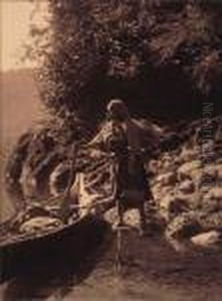 Native-american Woman And Canoe - view 1