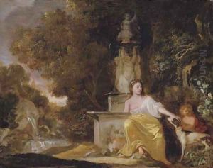 A lady, seated by a fountain, with a dog and a child, in a landscape A lady, seated by a fountain, with a dog and a child, in a landscape