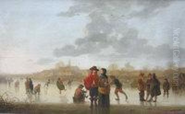 A Frozen River Landscape With Skaters - view 1