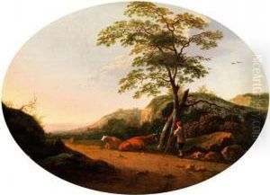 Kuhe Mit Hirte In Idyllischerlandschaft by Aelbert Cuyp