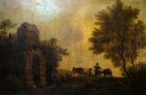Herdsman With Cattle And A Donkey By A Ruin With Woodland