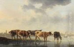 Cinq Vaches S'abreuvant Dans Une Riviere by Aelbert Cuyp