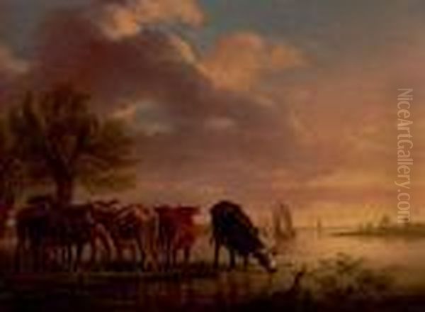 Cows In The Wash-land With Ships In Thebackground - view 1