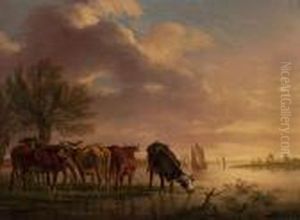 Cows In The Floodplain With Ships In Thebackground by Aelbert Cuyp