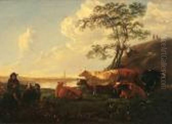 Herdsmen And Cows Resting In A Dutch Landscape - view 1