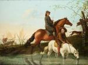 Two Men On Horseback Fording A Stream With Cattle Resting In The Background by Aelbert Cuyp