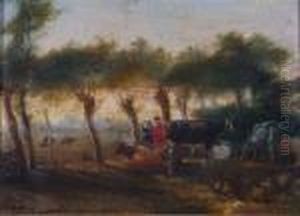 Figures And Cattle In A Sunlit Tree Lined Field by Aelbert Cuyp