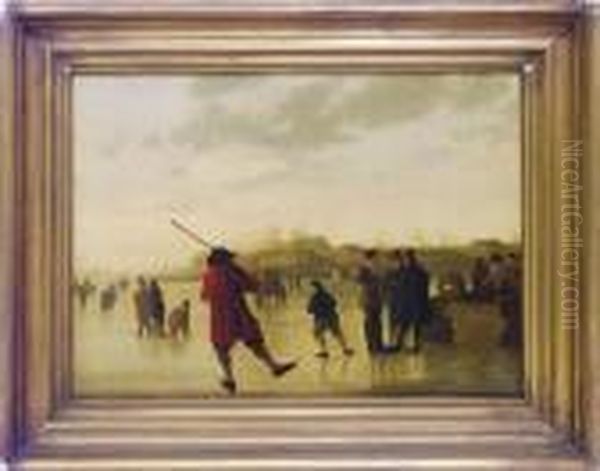A Frozen River Landscape With Skaters - view 1