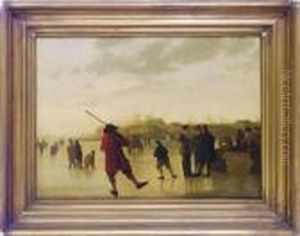 A Frozen River Landscape With Skaters by Aelbert Cuyp