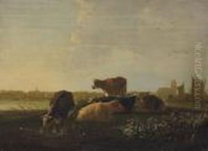 Cattle Resting On The Banks Of The Maas With Dordrecht Beyond