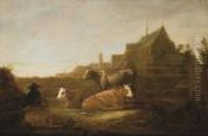 A Herdsman And Cows In A Field With The Duitsche Huis And Mariakerk, Utrecht, Beyond