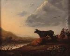 Drovers With Cattle By Riverside by Aelbert Cuyp