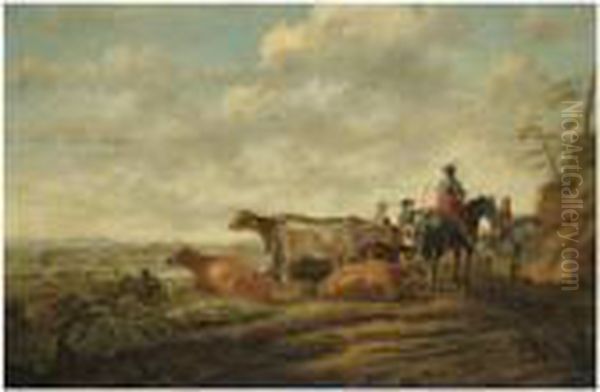 A Northern Landscape At Sunset With Herders And Their Cattle In Theforeground - view 1