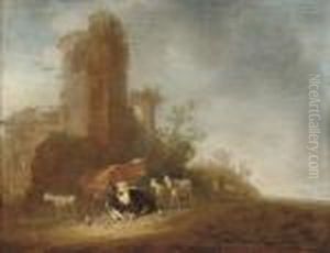 An Italianate Landscape With Cattle On A Track, Classical Ruinsbeyond by Aelbert Cuyp