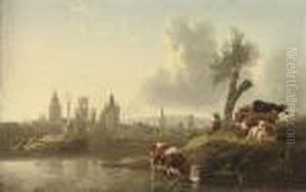 A River Landscape With Cattle Watering, A Town Beyond - view 1