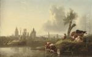 A River Landscape With Cattle Watering, A Town Beyond by Aelbert Cuyp