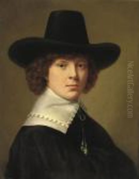 Portrait Of A Young Man,
Bust-length, In A Black Costume With Awhite Collar And A Black Hat - view 1