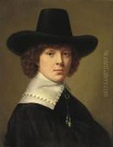 Portrait Of A Young Man, 
Bust-length, In A Black Costume With Awhite Collar And A Black Hat