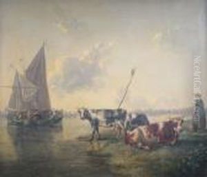 A Milkmaid And Cattle By A River With A Passing Barge