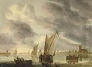 Sailing Vessels On A River, A Church Tower In The Distance by Aelbert Cuyp