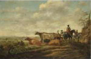 A Northern Landscape At Sunset With Herders And Their Cattle In The Foreground by Aelbert Cuyp