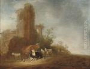 An Italianate Landscape With Cattle On A Track, Classical Ruins Beyond by Aelbert Cuyp