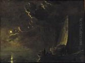 A Moonlit Landscape With Fishermen In A Boat And Another Sailing Vessel Nearby by Aelbert Cuyp