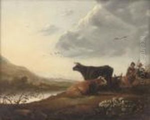 Cattle And Drovers In A River Landscape by Aelbert Cuyp