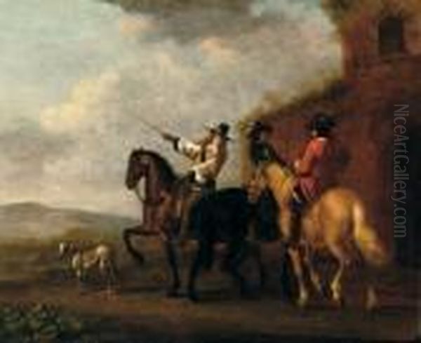 Horsemen With A Dog Outside An Overgrown House - view 1
