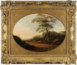 Abendliche Landschaft Mit Rastendem Kuhhirten