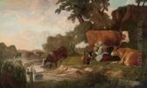 A River Landscape With Cattle Watering And A Milkmaid by Aelbert Cuyp